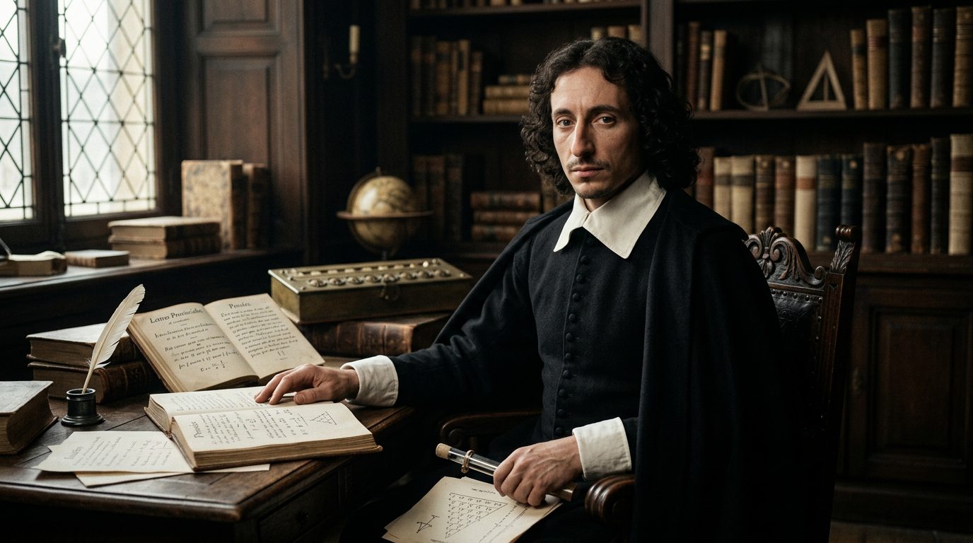Man dressed in 17th century attire studying mathematical books in an old library