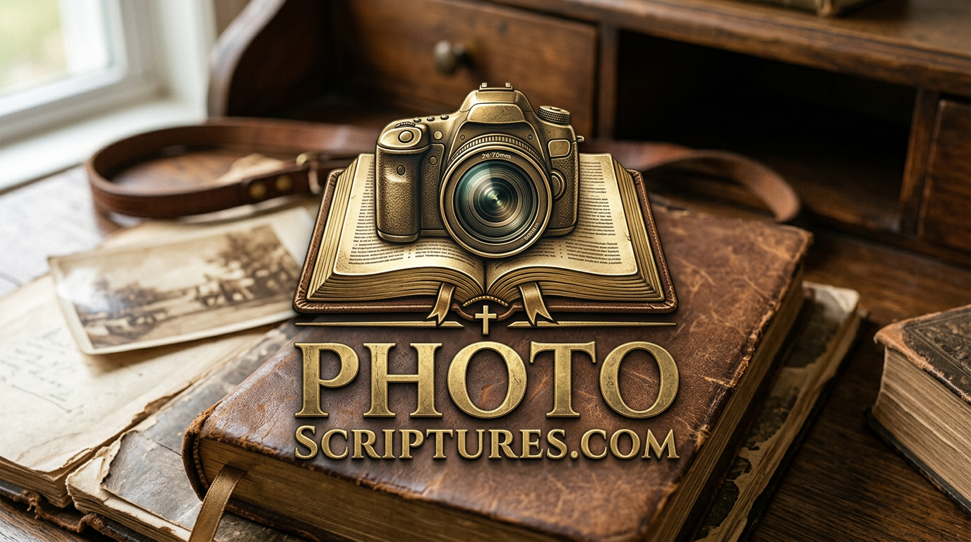 Stack of vintage books and old photographs on a wooden desk